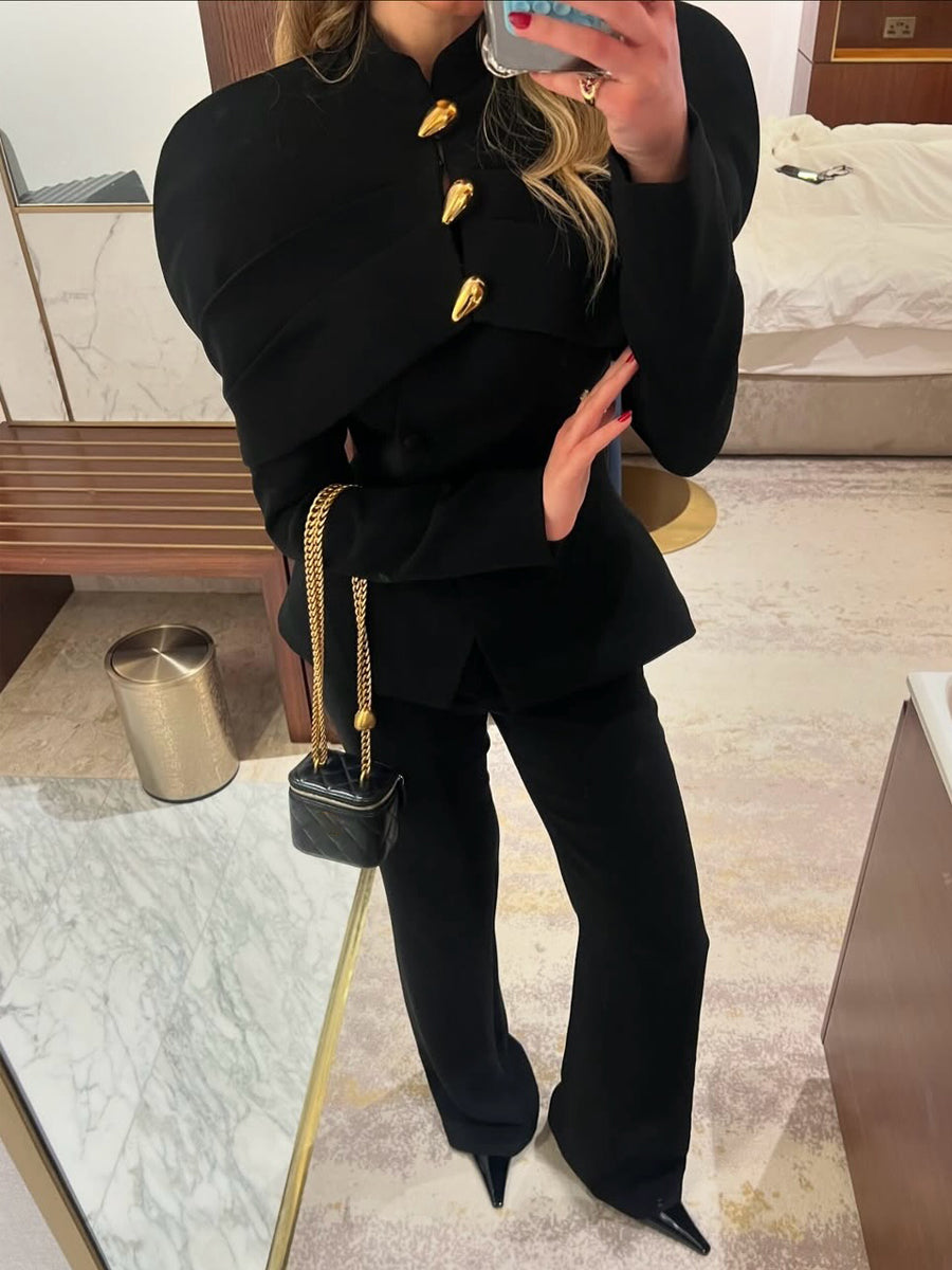 Elegant Metal Button Tight Waist Blazer