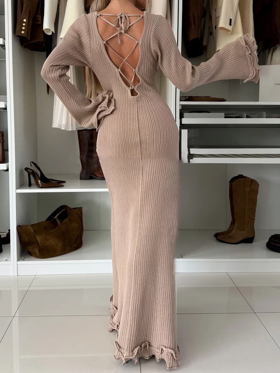 Round Neck Ruffled Sleeve Lace-up Dress