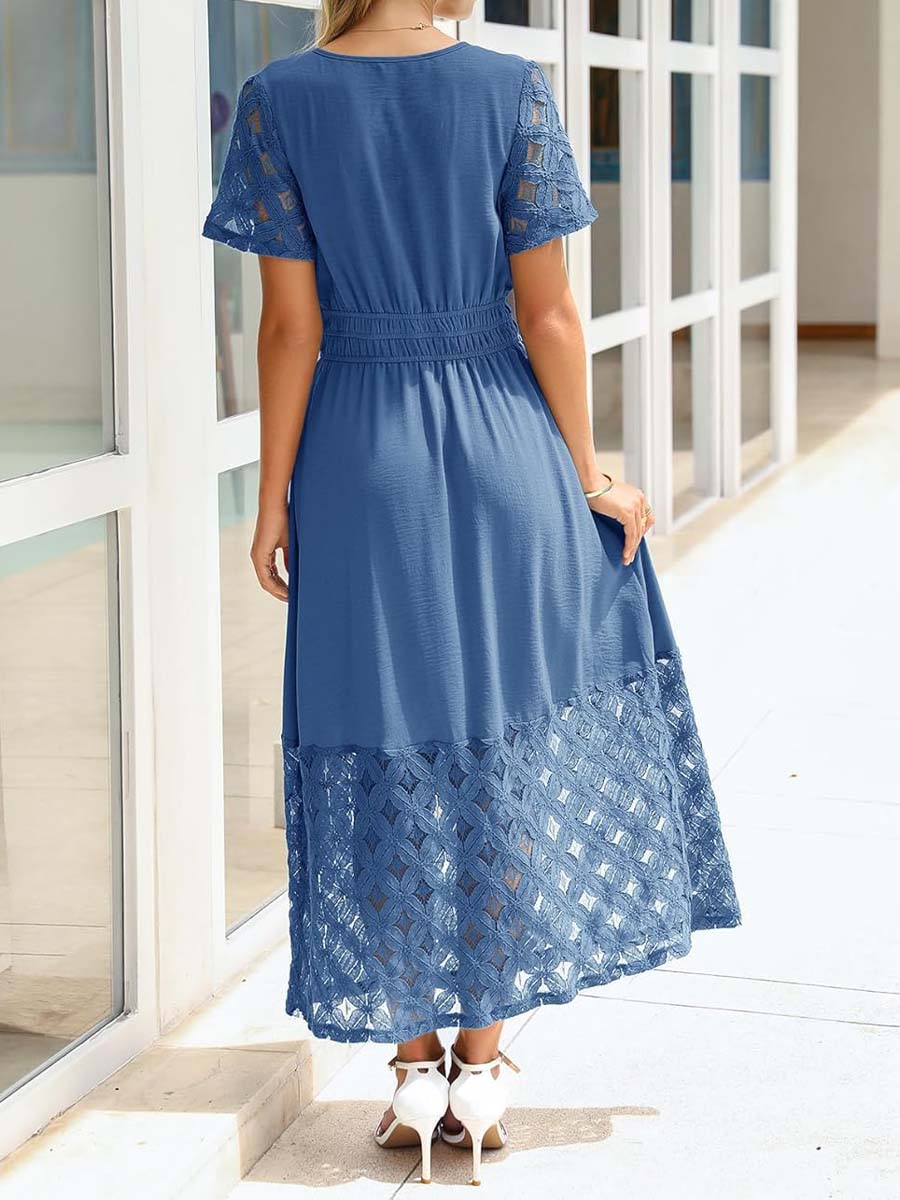 V-neck Lace Patchwork Maxi Dress