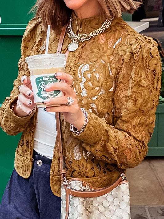 Lace Crochet Cut-Out Button Top