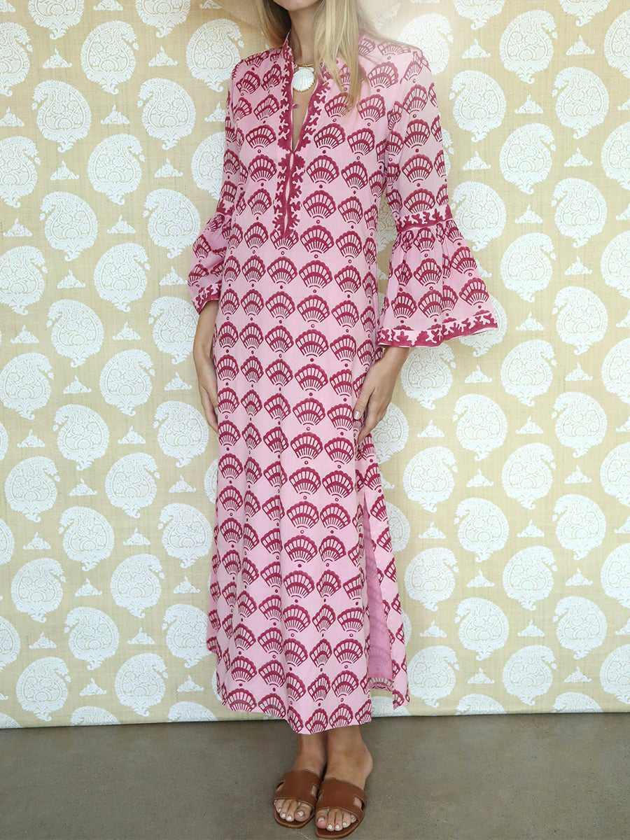 Shell Print Flared Sleeve Loose Cotton Maxi Dress
