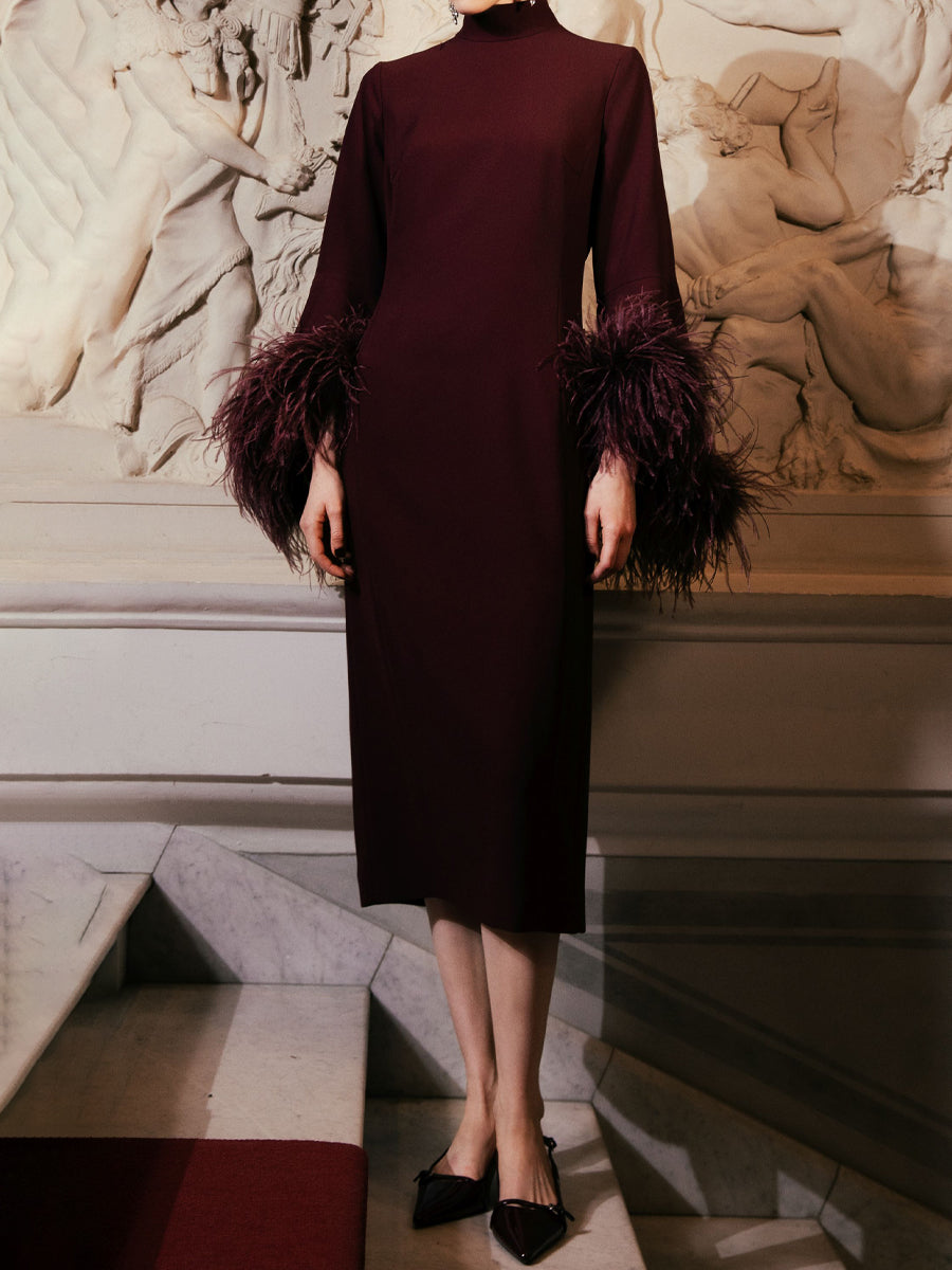 Feather Trim Stand-up Collar Elegant Dress