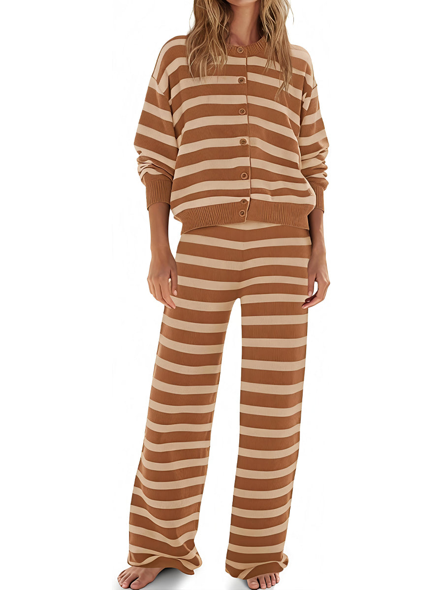 Striped Button Up Cardigan & Wide Leg Pants Two Pieces Set