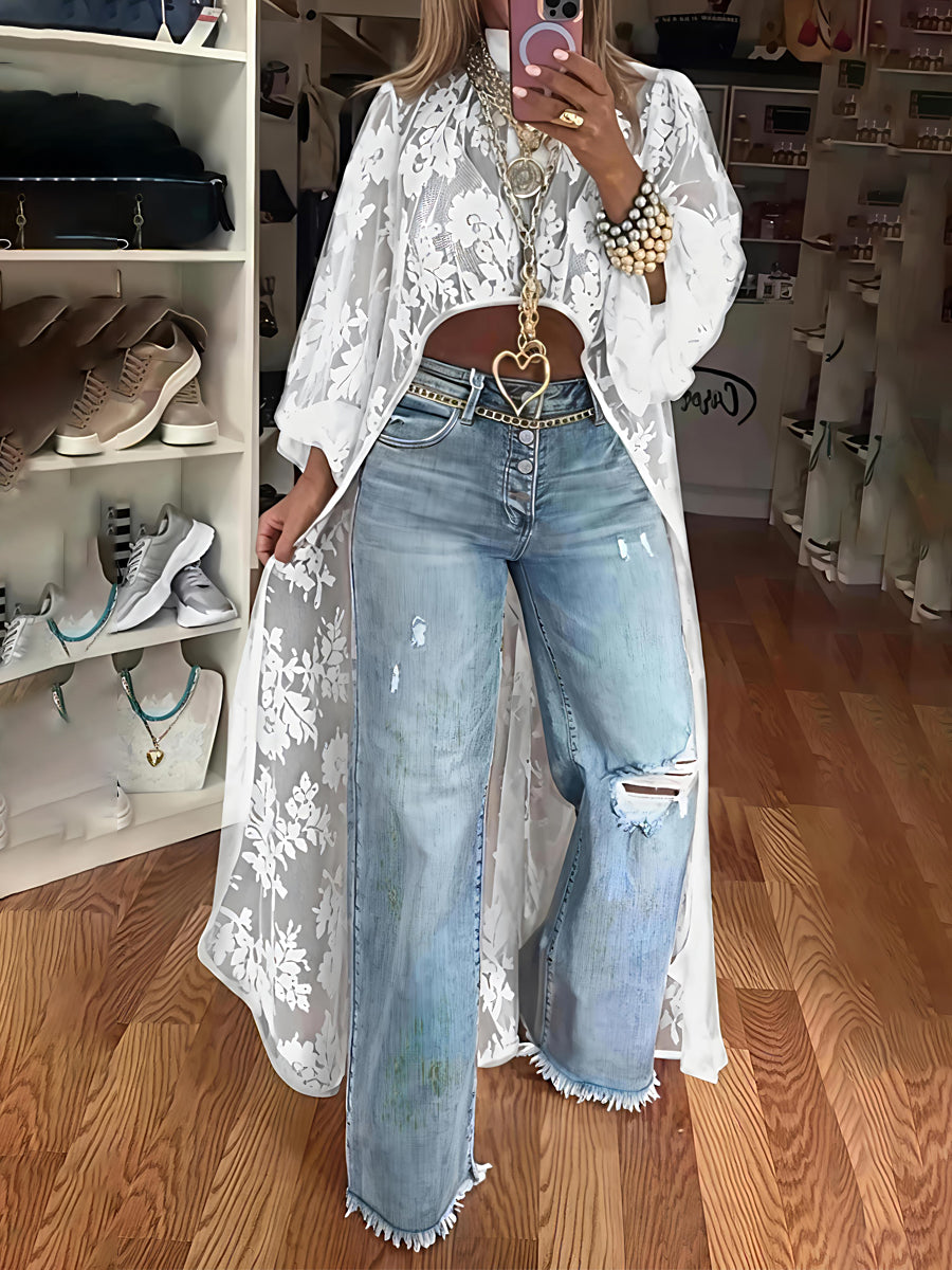 Lace Floral Long Sleeve See-through Top