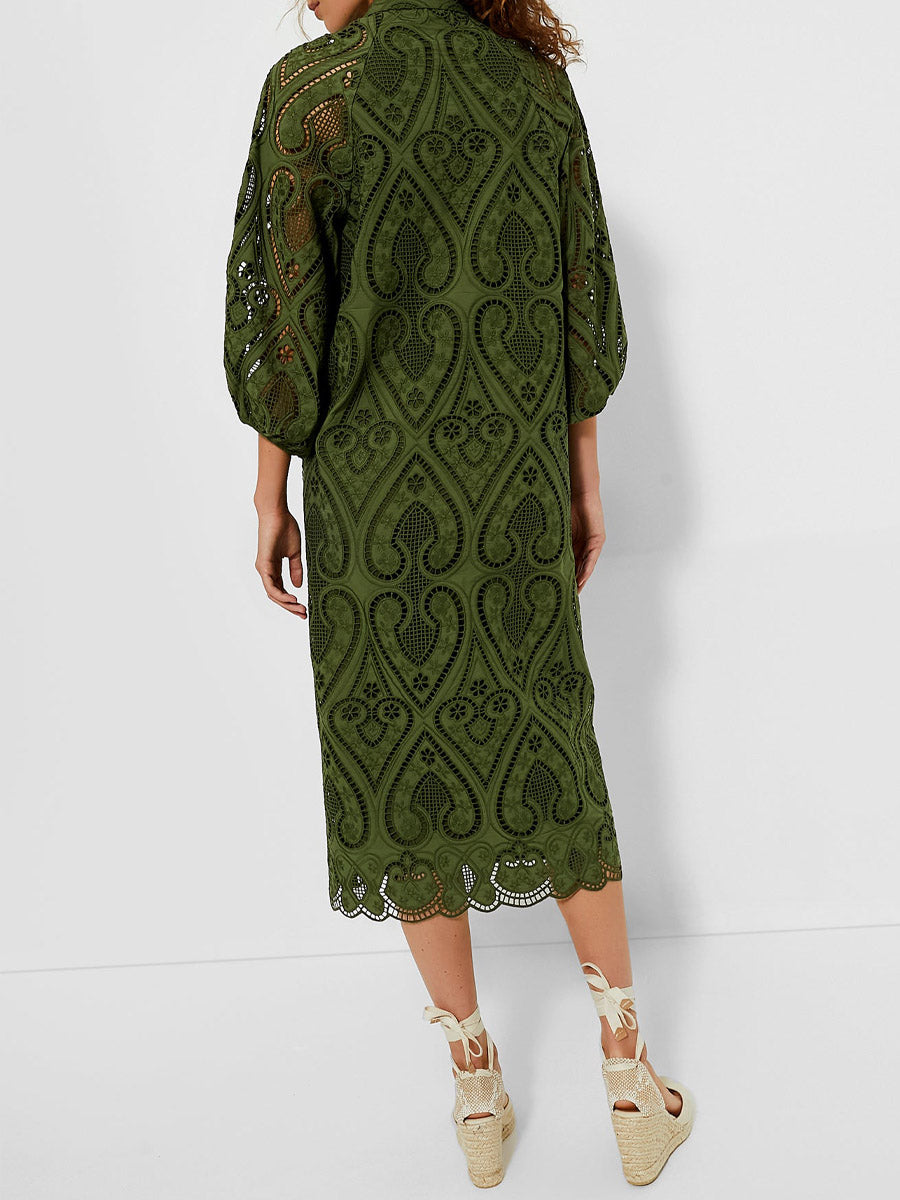 Eyelet Lace Balloon Sleeves Elasticated Cuffs Dress