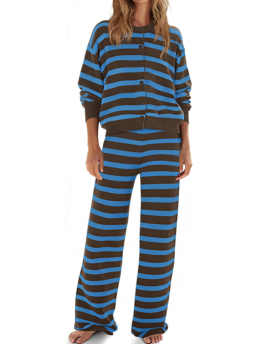Striped Button Up Cardigan & Wide Leg Pants Two Pieces Set