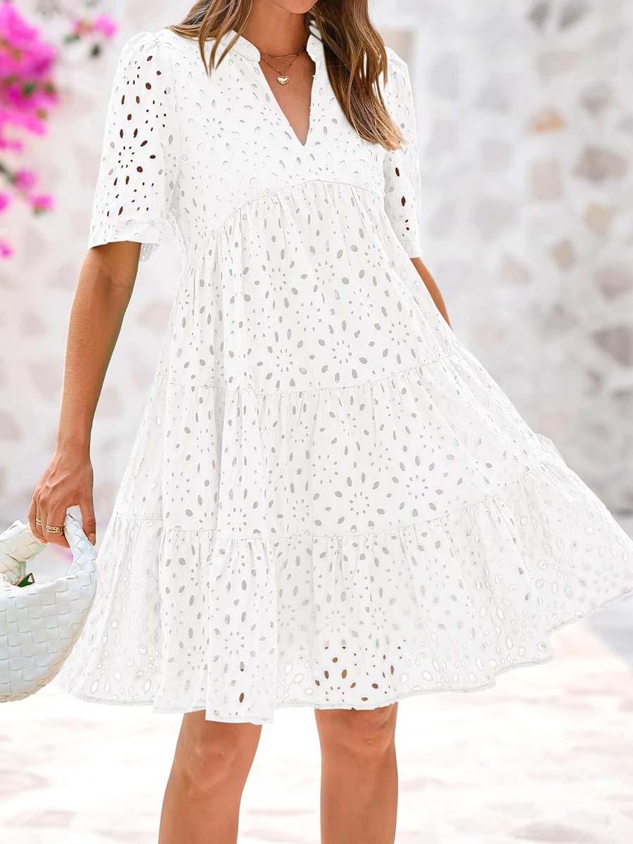 V-neck Hollow-out Embroidered Dress