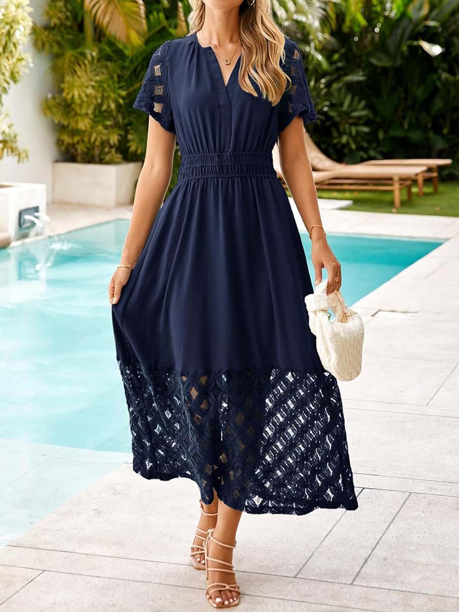 V-neck Lace Patchwork Maxi Dress