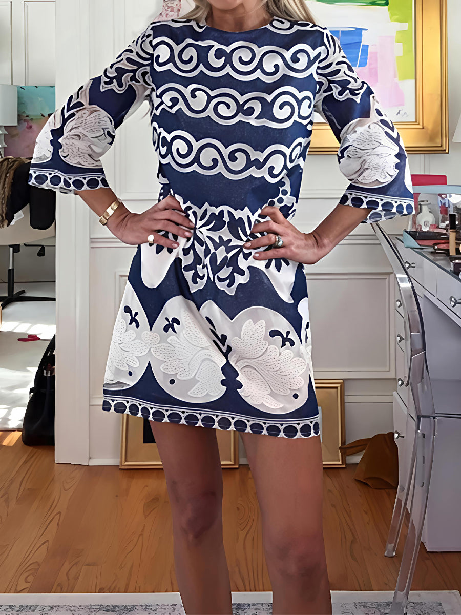 Embroidered Sheer Details 3/4 sleeves A-line Mini Dress