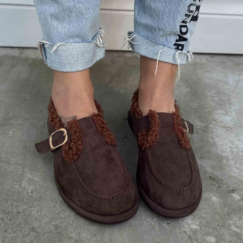 Suede Fur Detail Buckle Women's Loafers