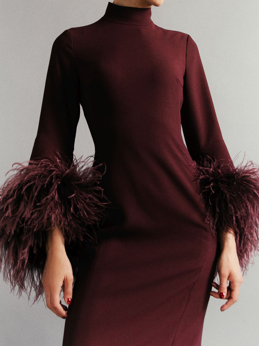 Feather Trim Stand-up Collar Elegant Dress