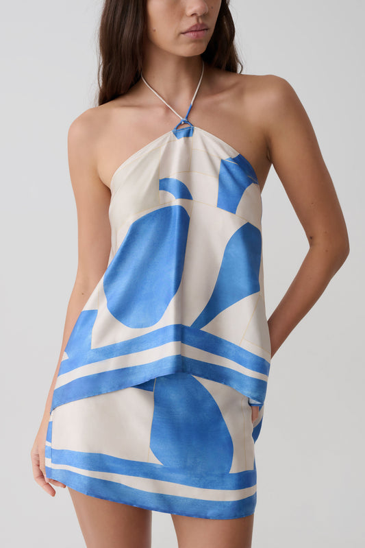 Draped Satin Halter Top - Blue Geo Tile Print