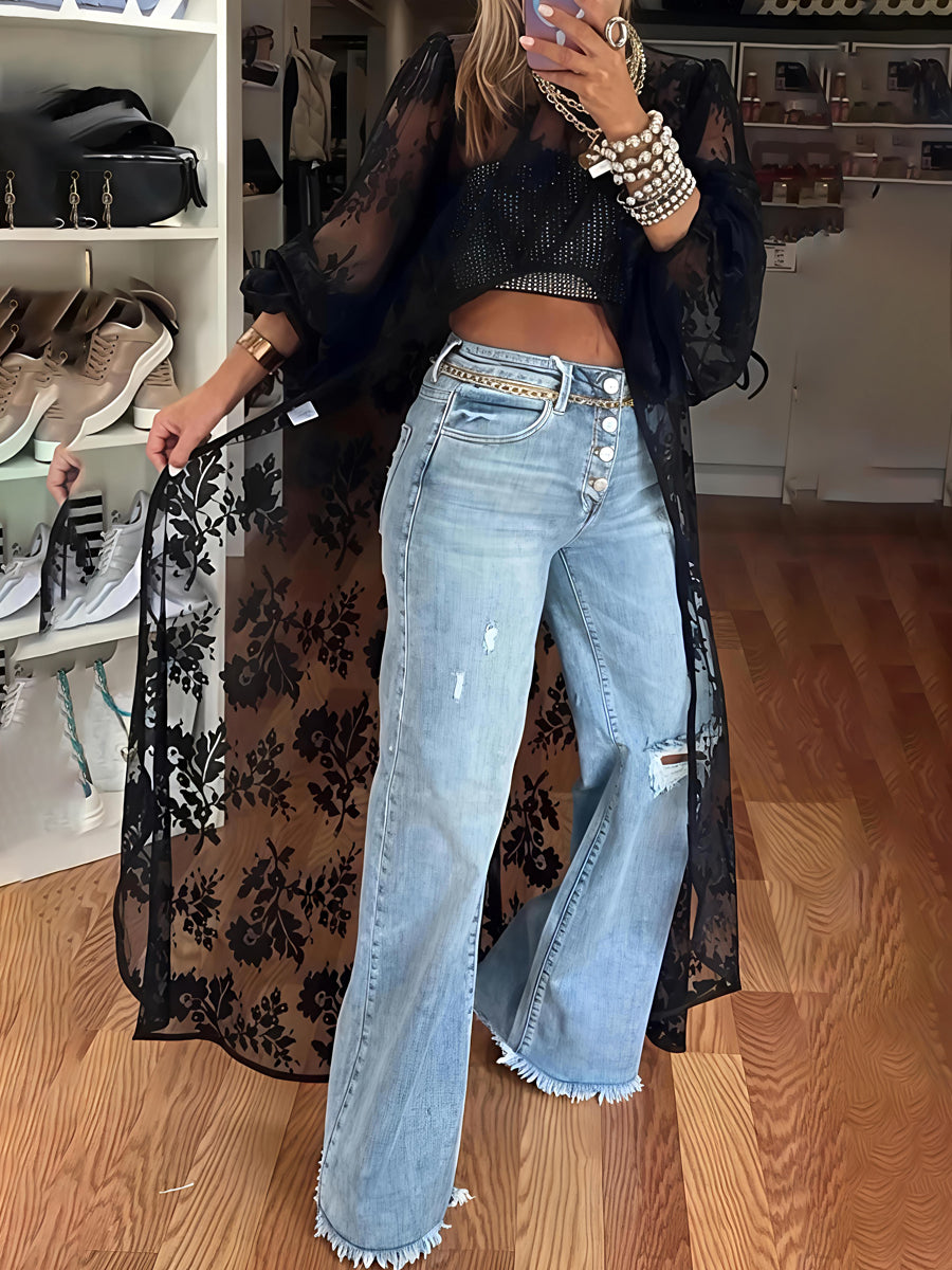 Lace Floral Long Sleeve See-through Top
