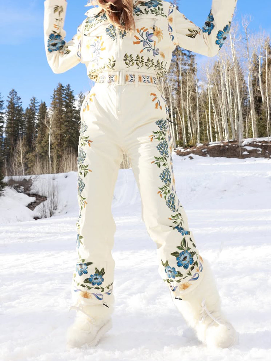Winter Printed Hooded Belted Ski Jumpsuit