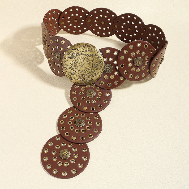 Retro Exaggerated Round Cutout Metal Wide Belt