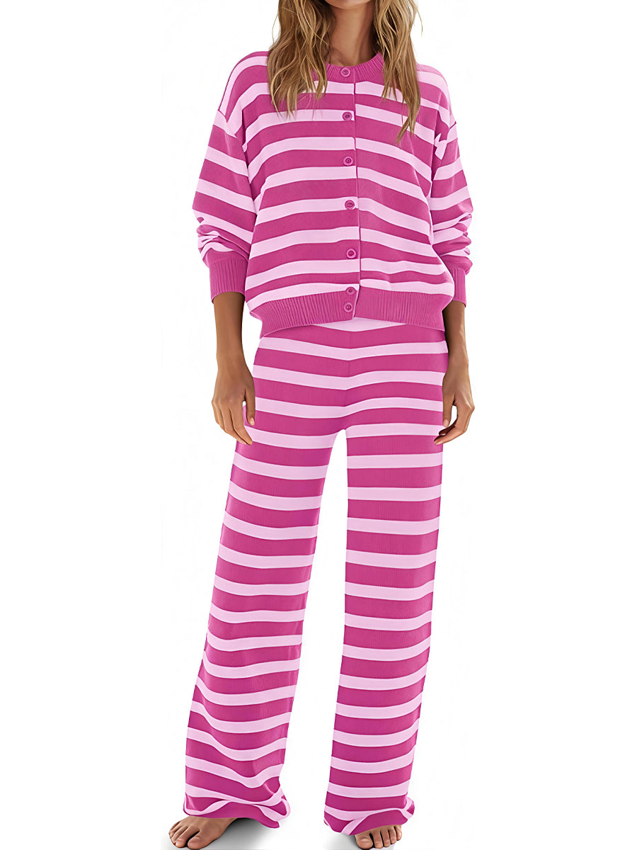 Striped Button Up Cardigan & Wide Leg Pants Two Pieces Set