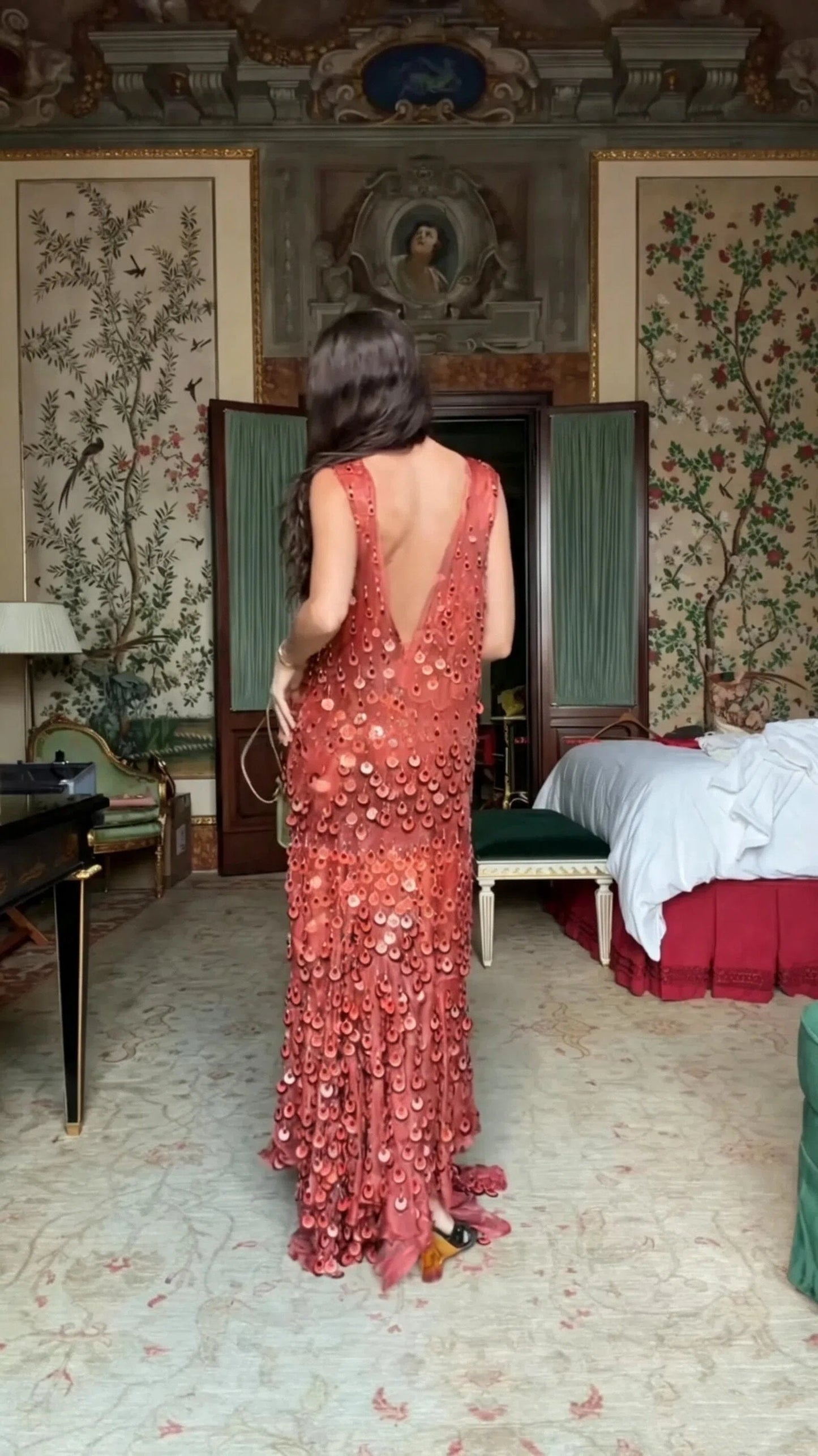 Sequin-Embroidered Long Silk Dress