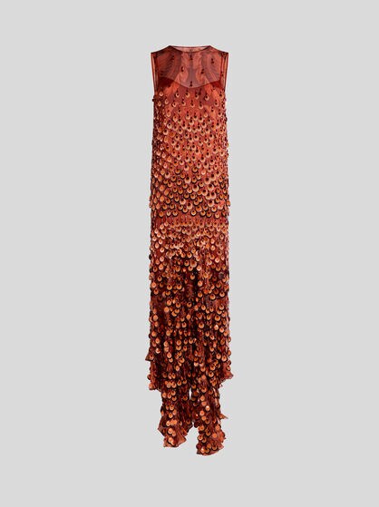 Sequin-Embroidered Long Silk Dress
