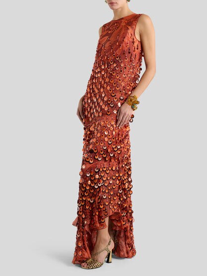 Sequin-Embroidered Long Silk Dress