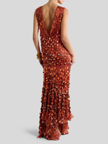 Sequin-Embroidered Long Silk Dress