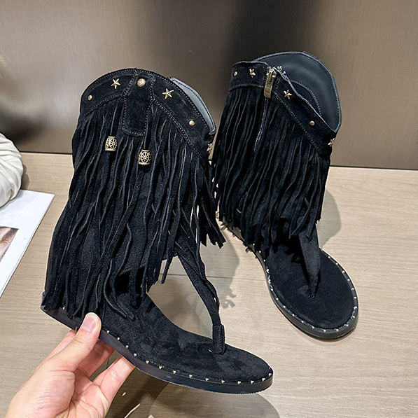 Wedge Clip-Toe Roman Fringe Boots