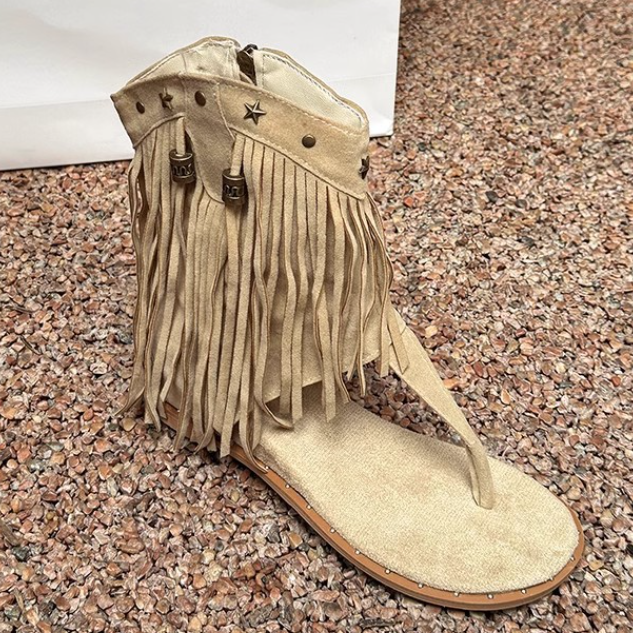 Wedge Clip-Toe Roman Fringe Boots