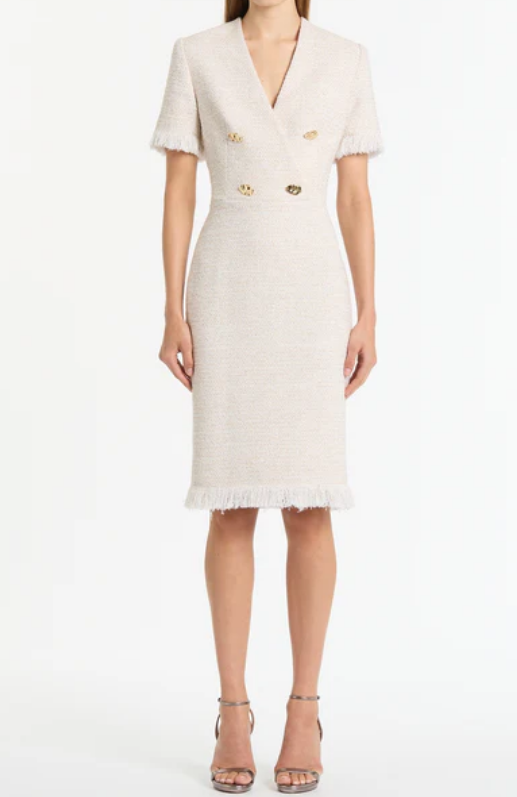 Ivory Elegant Fringe Tweed Dress