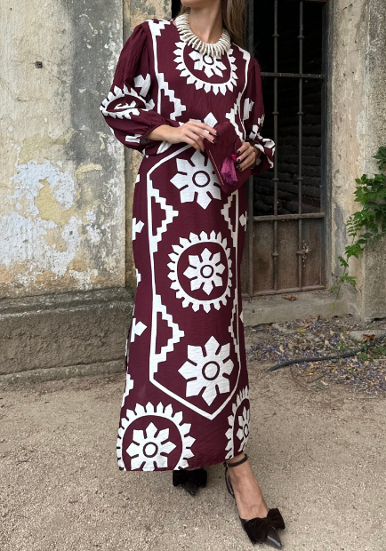Printed  Long Sleeve Midi Dress
