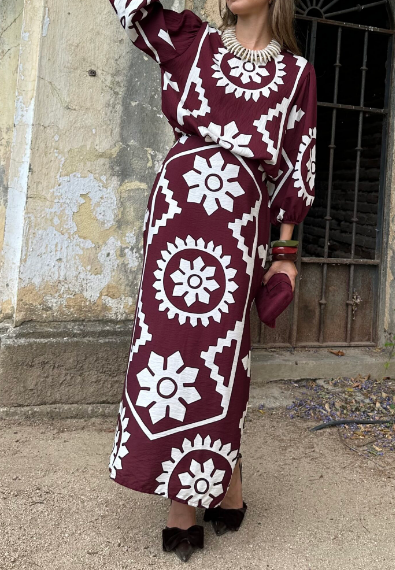 Printed  Long Sleeve Midi Dress