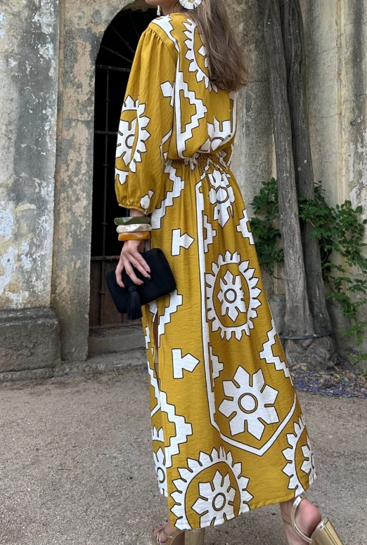 Printed  Long Sleeve Midi Dress