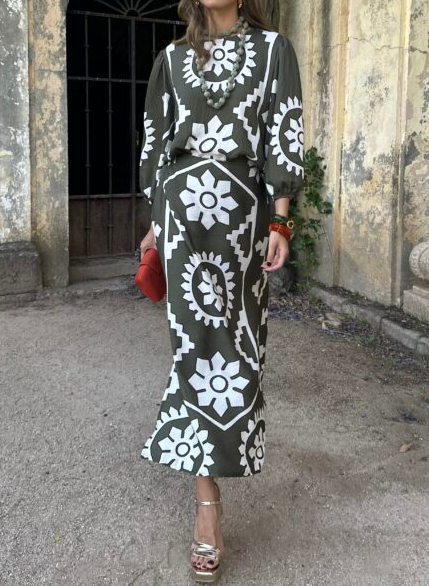 Printed  Long Sleeve Midi Dress