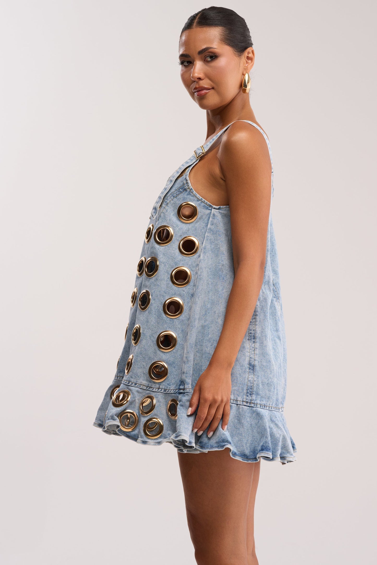 Light-Wash Denim-Style Mini Dress With Metal Eyelet Details
