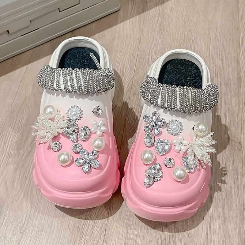 Pearl Rhinestone Chain Platform Hole Shoes Slippers