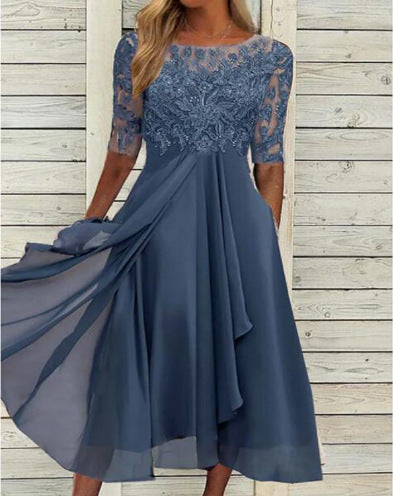 Demure Lace Mid-sleeve Chiffon Dress
