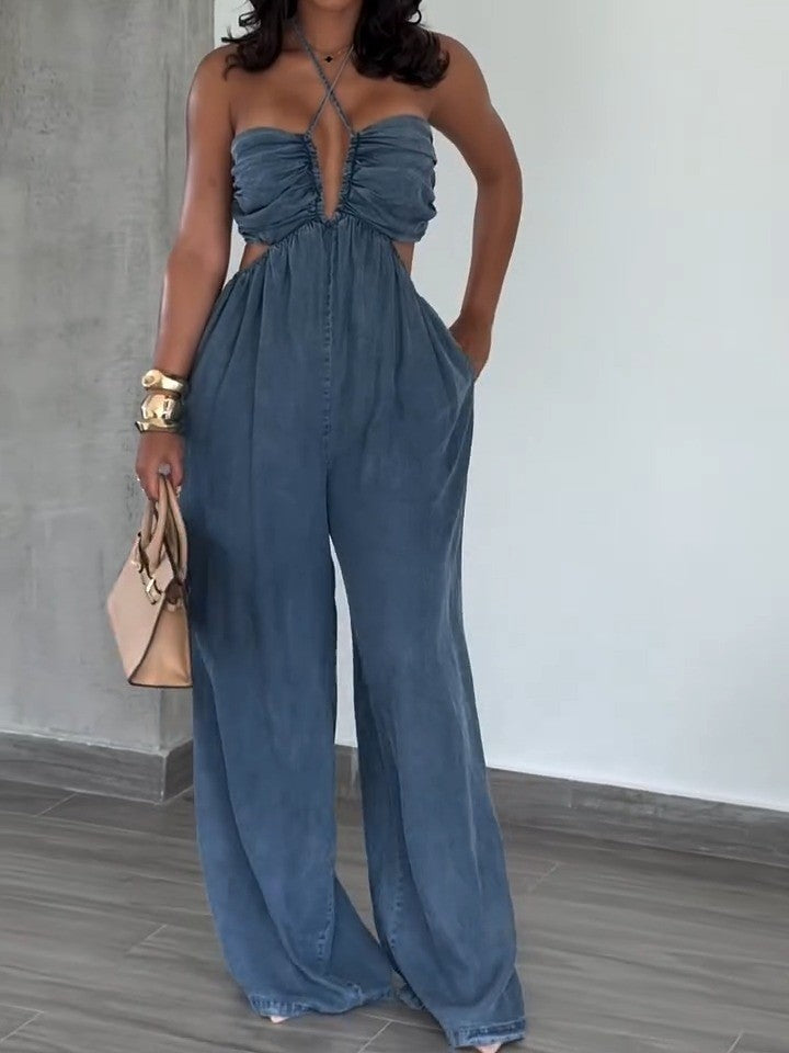 Denim Pleated Backless Jumpsuit