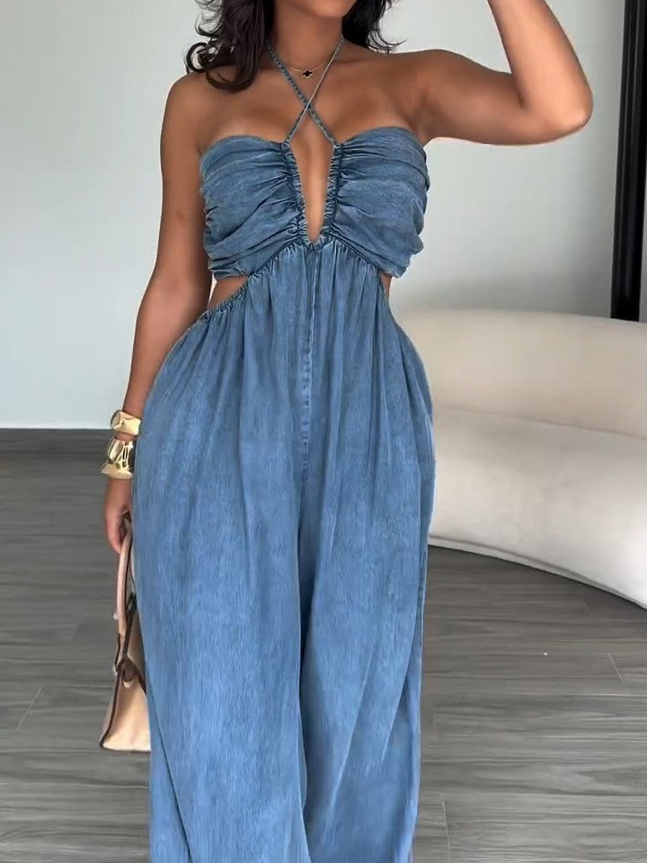 Denim Pleated Backless Jumpsuit
