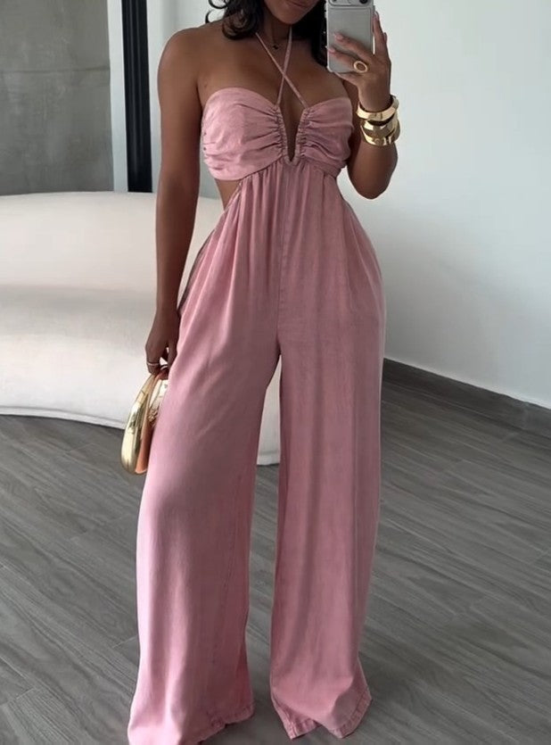 Denim Pleated Backless Jumpsuit