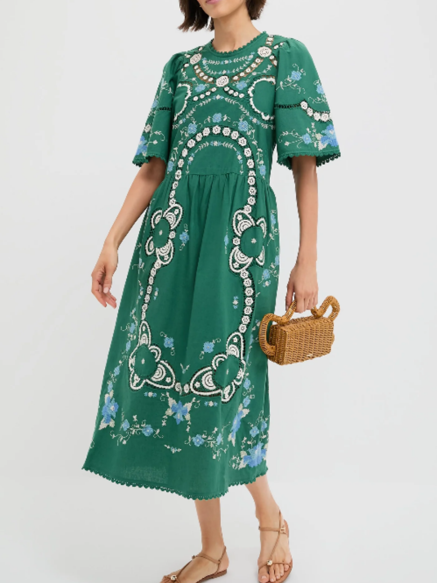 Round Neck Cutout Embroidered Dress