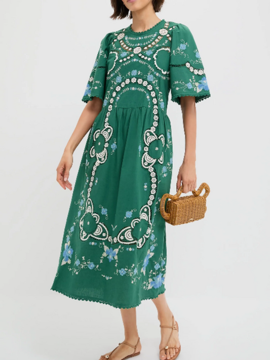 Round Neck Cutout Embroidered Dress