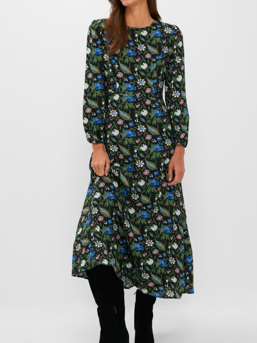 Puff-Sleeve Crewneck Printed Dress