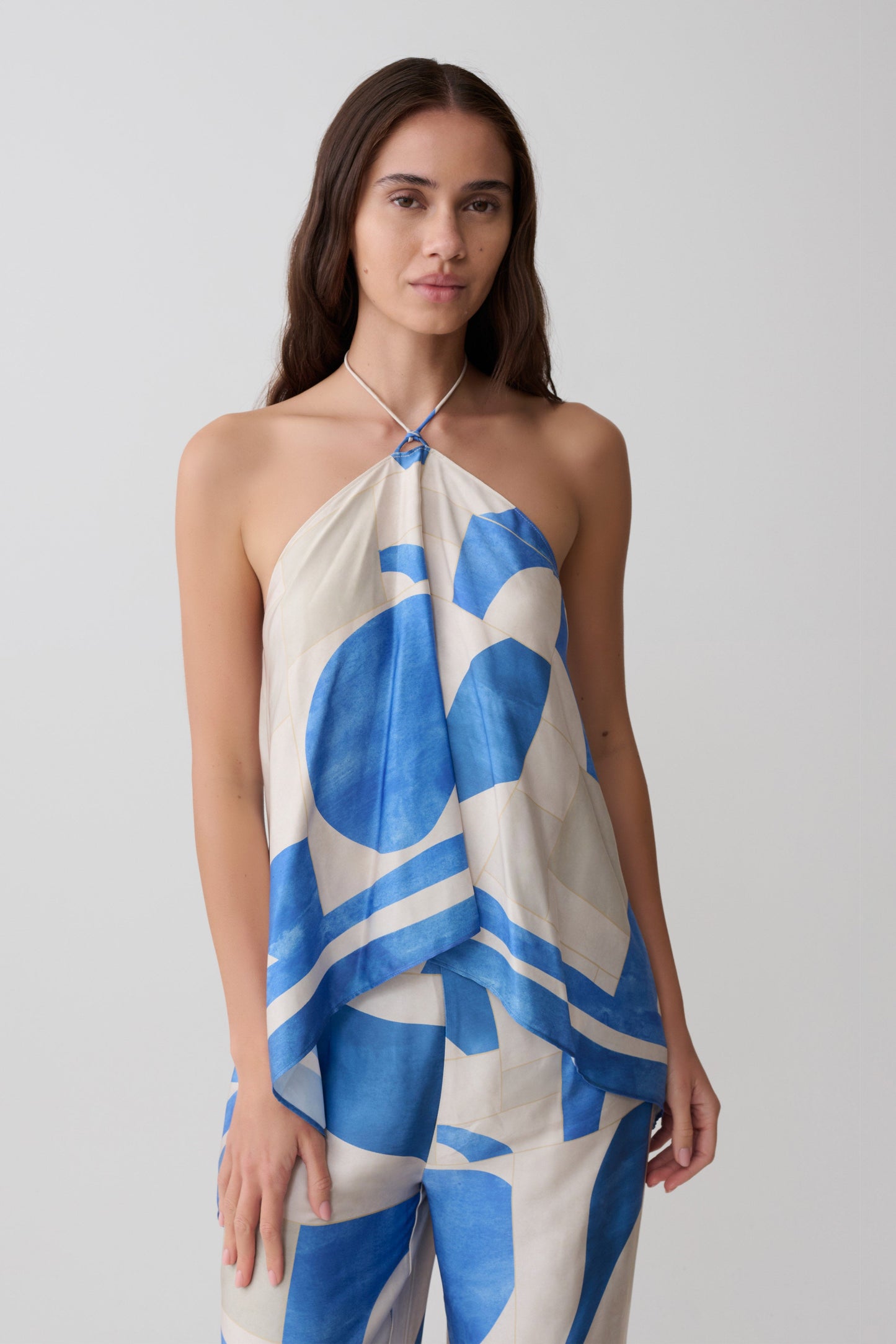 Draped Satin Halter Top - Blue Geo Tile Print