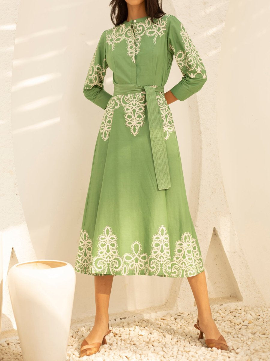 Embroidery Button Up Belted Midi Dress