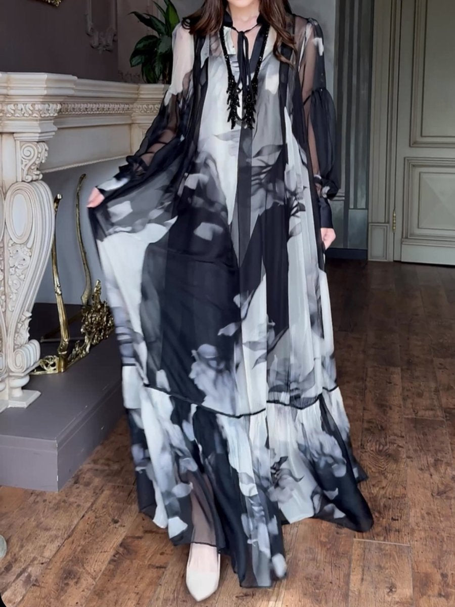 Rhinestone Sparkle Chiffon Printed Belted Maxi Dress