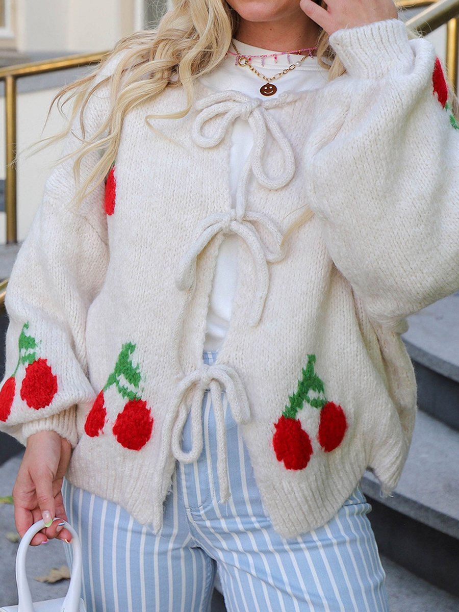 Cherry Embroidered Jacquard Cardigan Women's Strap Sweater