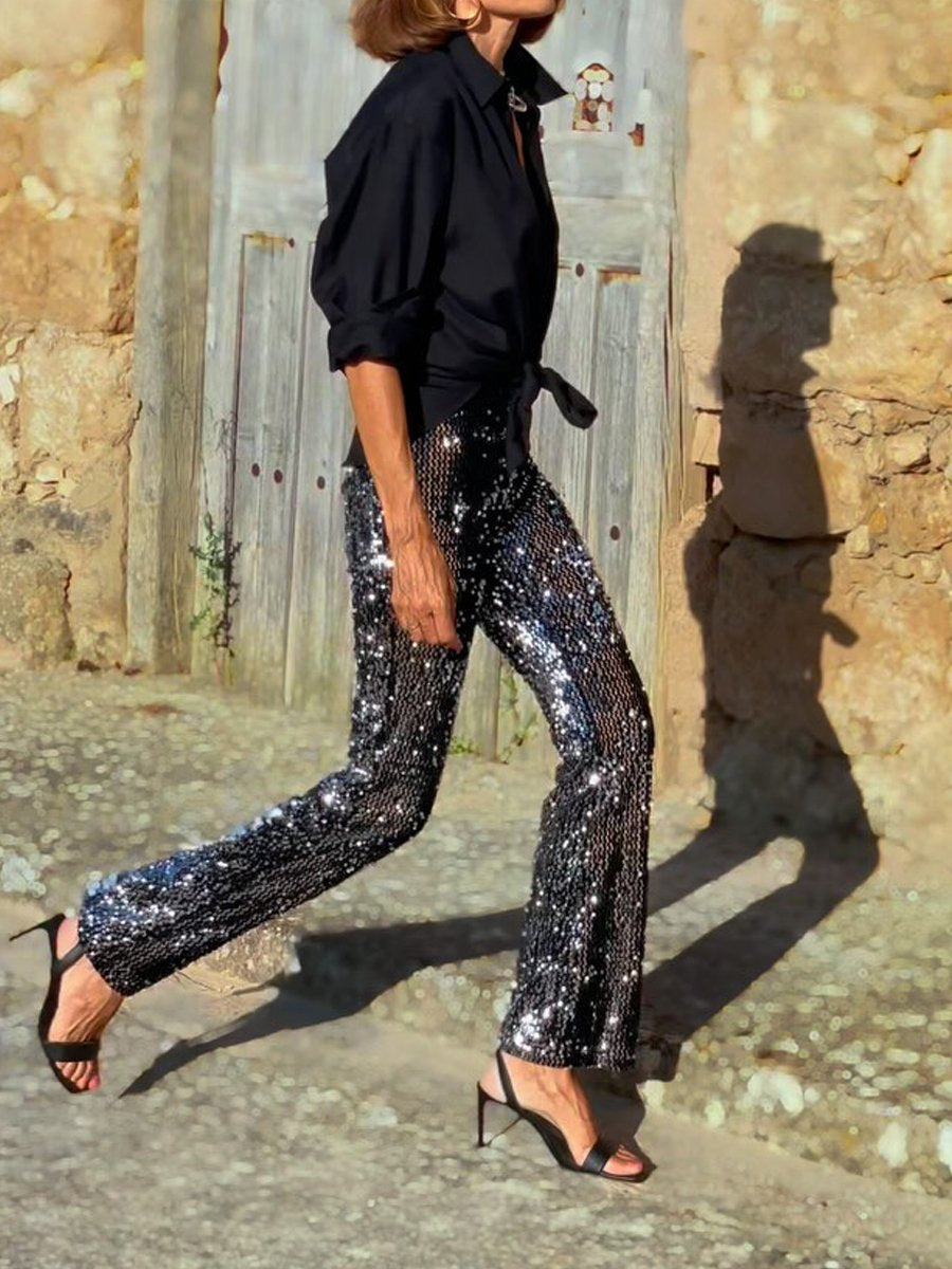 Sequined Elastic Waist Flared Pants