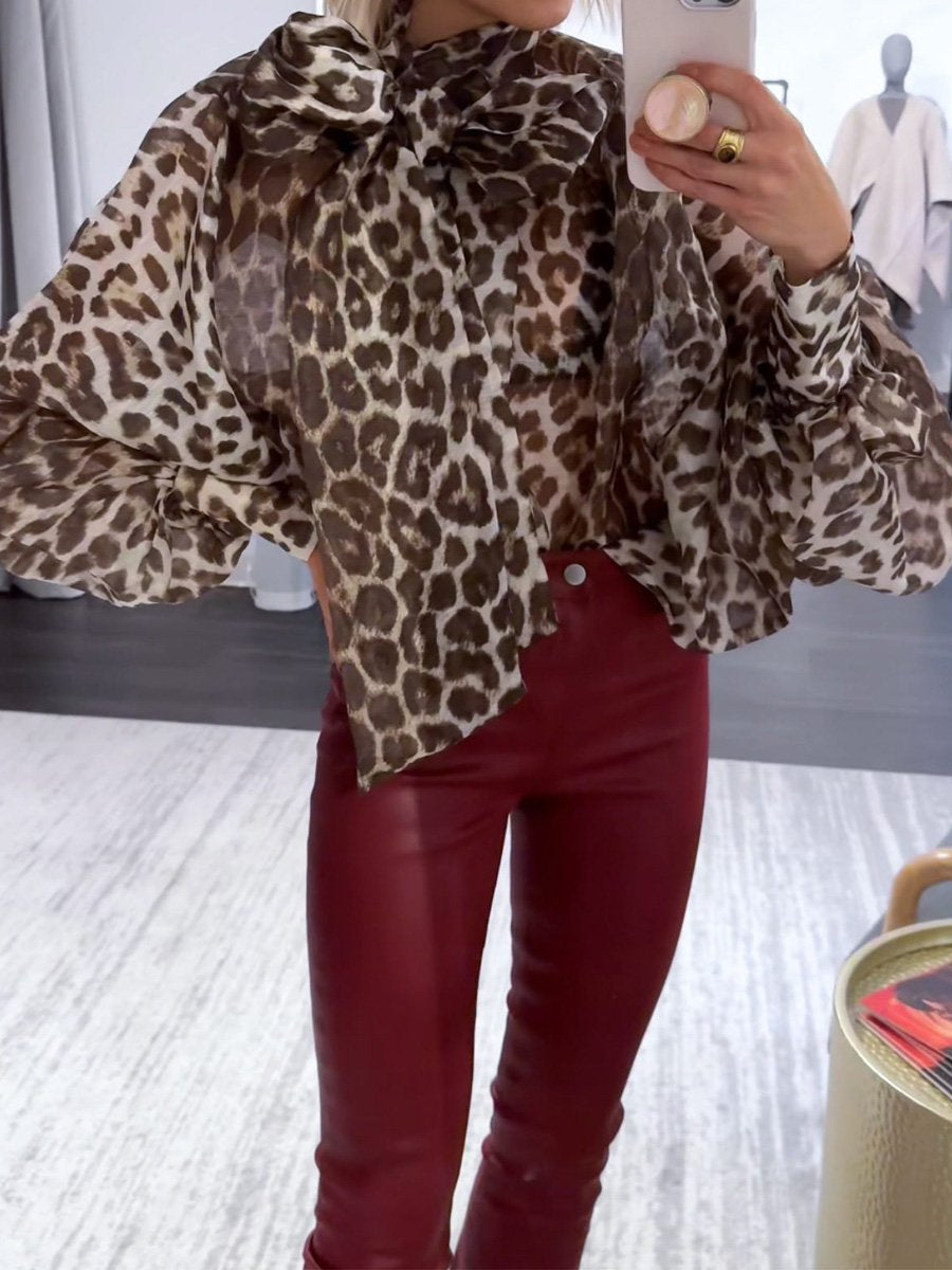 Leopard Printed Bow Long Sleeve Women's Blouse