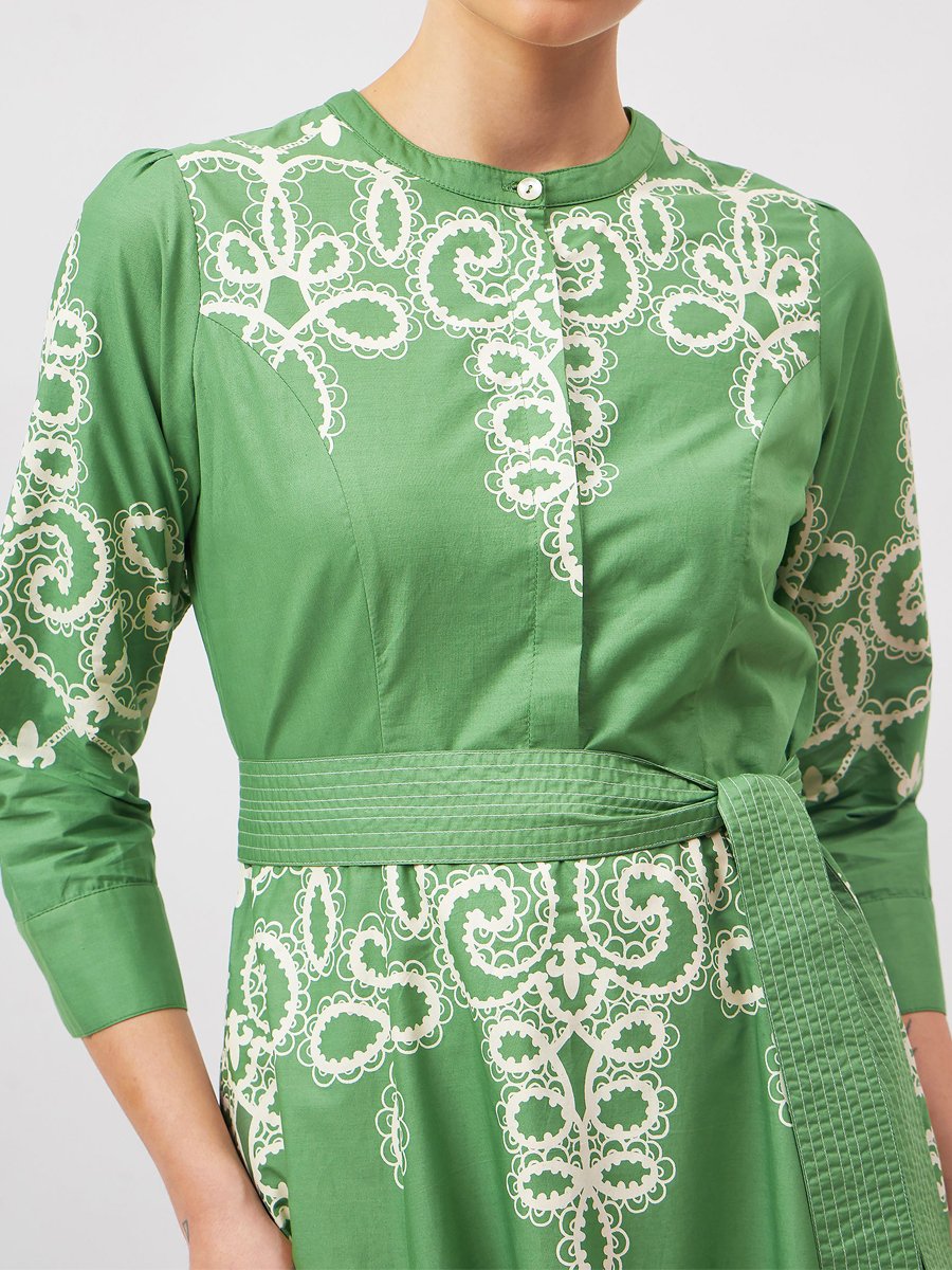 Embroidery Button Up Belted Midi Dress