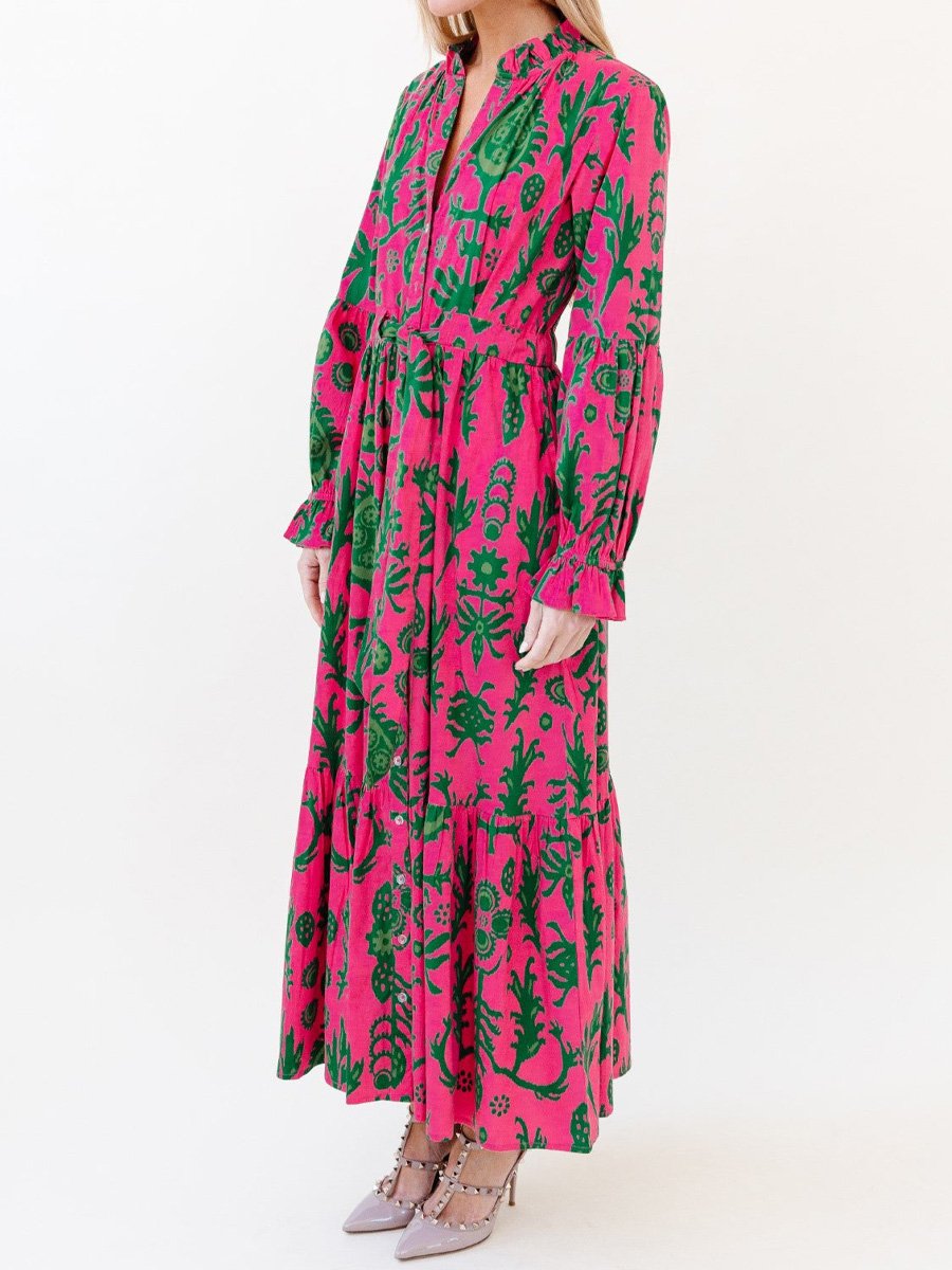 Printed Lace Up Long Sleeve Maxi Dress