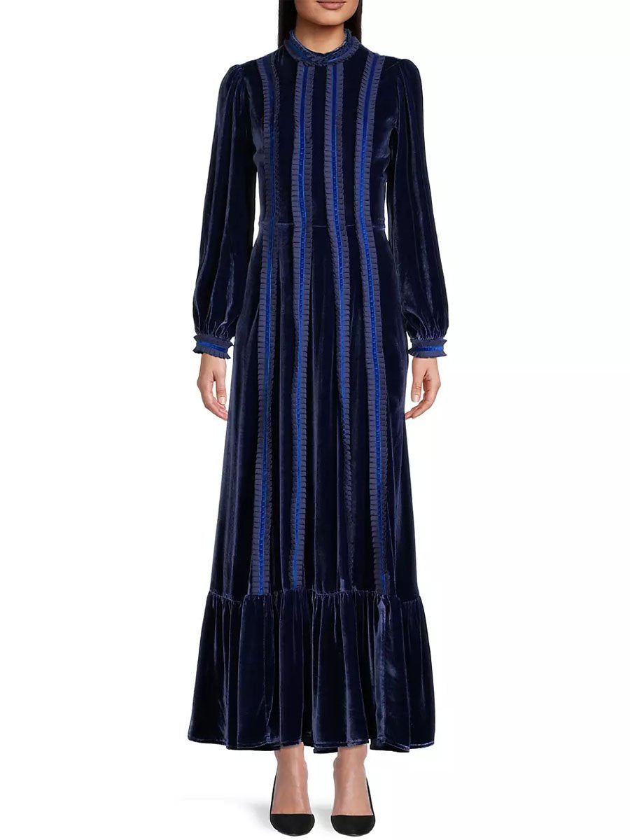 Patchwork Ruffled Velvet Long Sleeve Maxi Dress