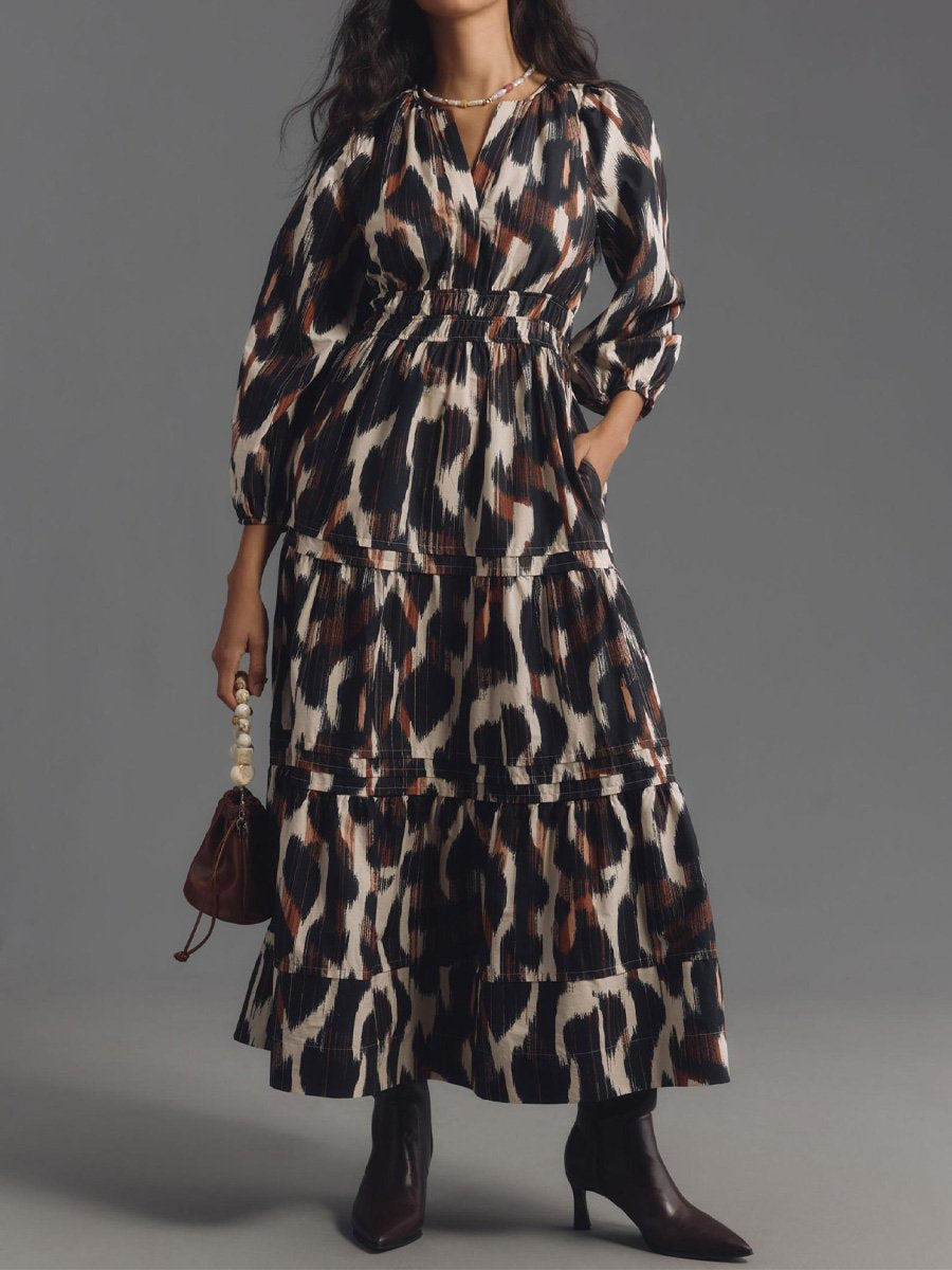 Printed V Neck Elastic Waist Maxi Dress